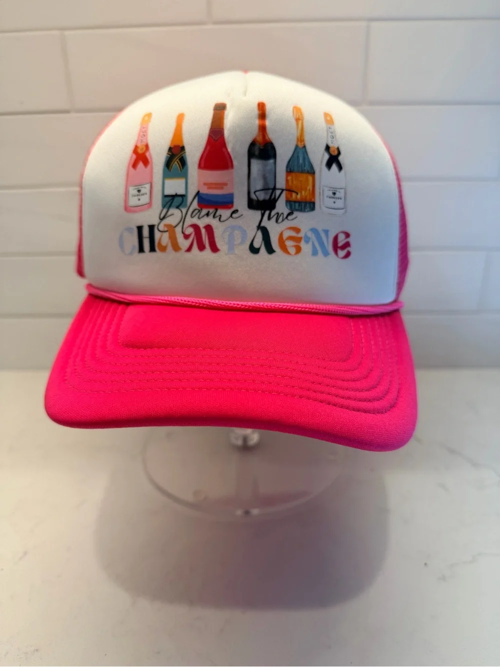 Pink 'Blame The Champagne' Trucker Hat - Party Cap